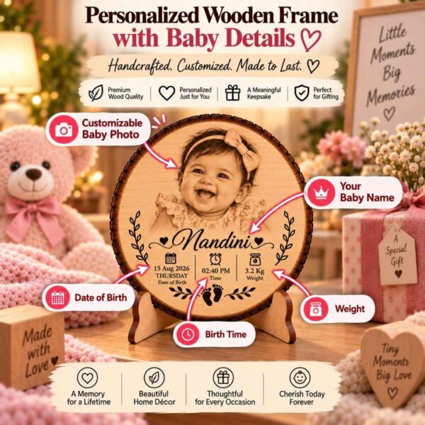 Custom Name - Round Wooden Photo Frame with Baby Details